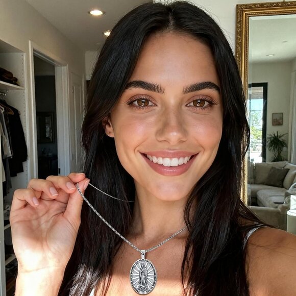 Virgin Mary Patron Saint Necklace Silver Oval Medallion with Bible Verses - Picture 6 of 9